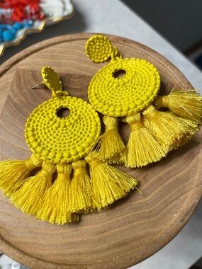 Bright Yellow Tassel Statement Earrings